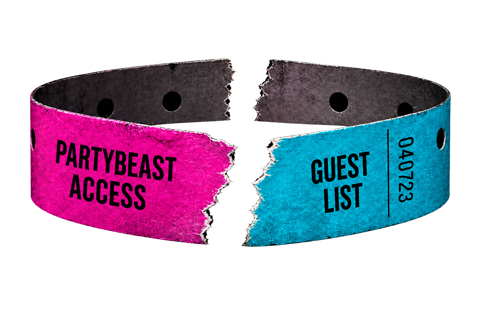 A torn PartyBeast access wristband