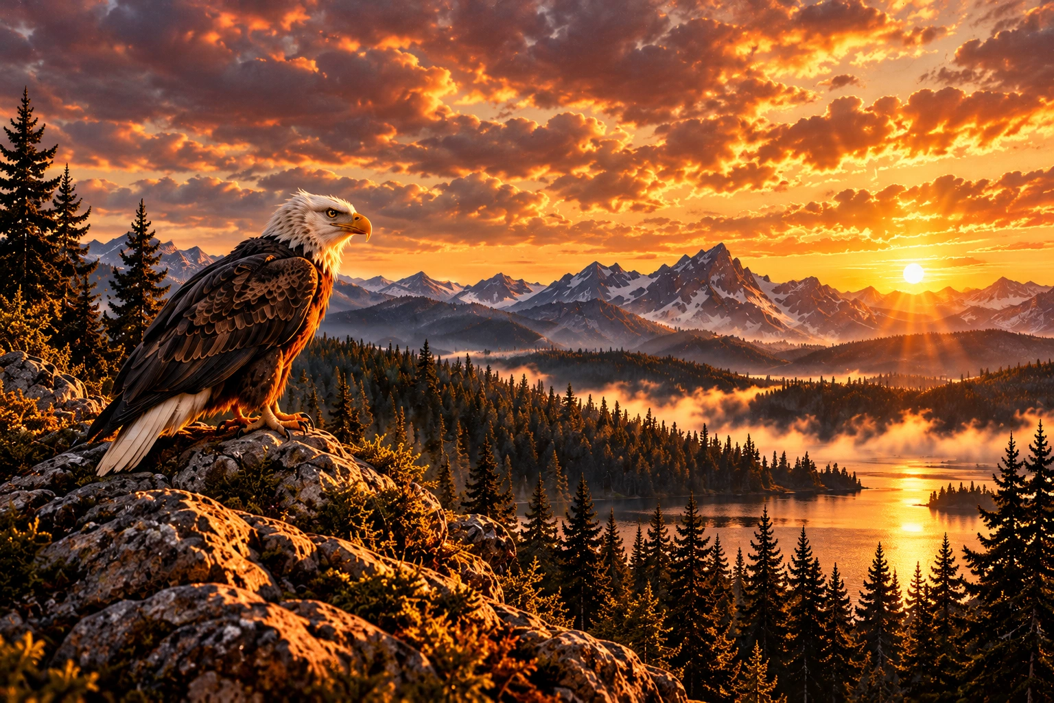 Eagle overlooking a sunset mountain lake